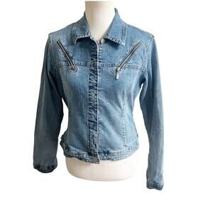 Fubu Women’s Vintage Y2K Jean Jacket Cropped Stretch Size Large Lighter Wash